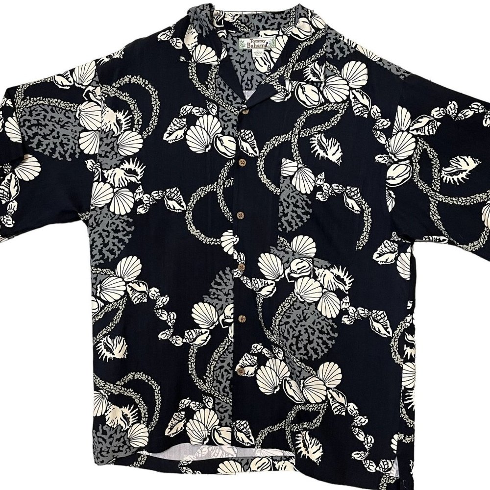Tommy Bahama Black Shell Print 100% Silk Men's Short Sleeve Hawaiian Shirt L